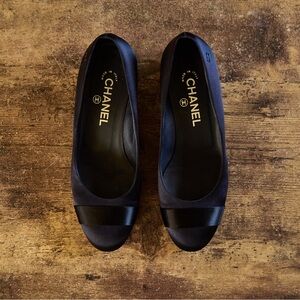 CHANEL Women's Elegant Navy Satin With Black Band Flats and Pearl Around Heels